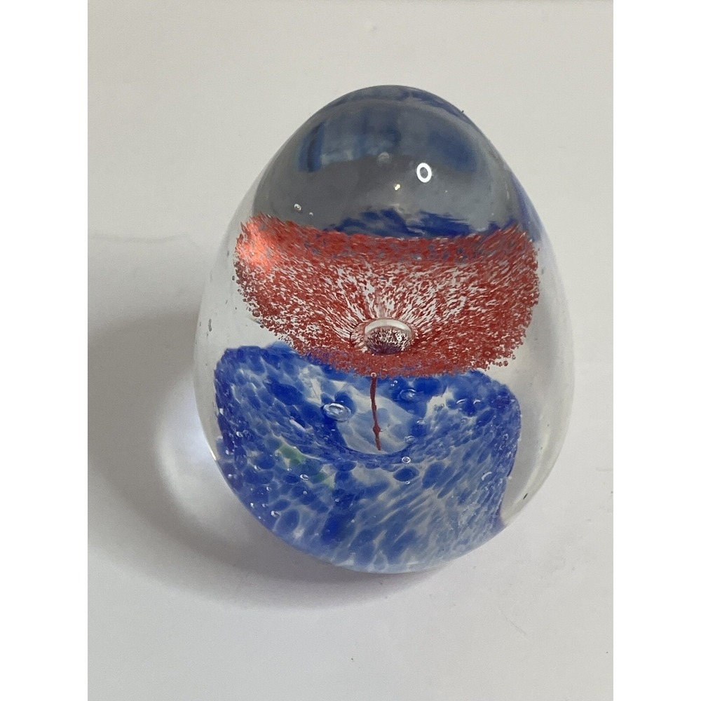 Vintage Hand Blown Art Glass Egg Shaped Paperweight Red, Blue Tree 3" Very Nice